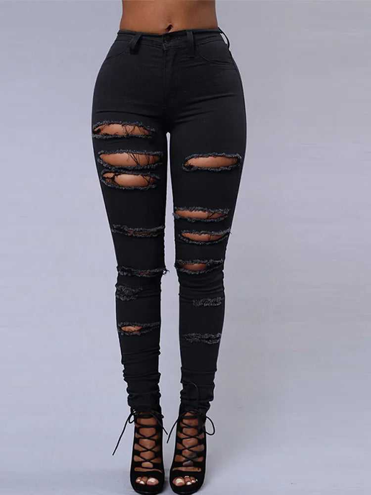 High Waist Ripped Skinny Jeans – Schwarze Denim mit Cut-Outs